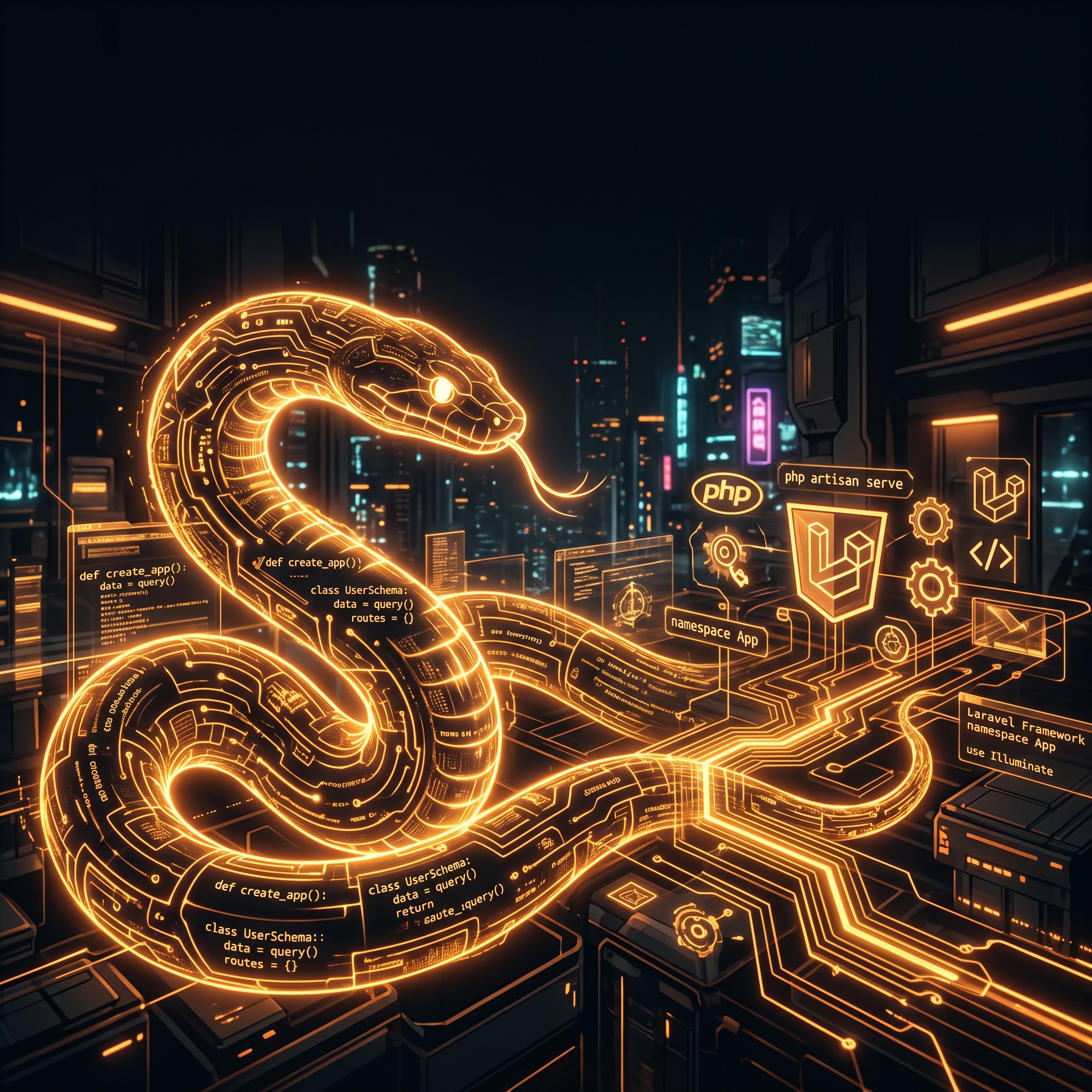 Ilustración de backend: Python y Laravel, neón ámbar
