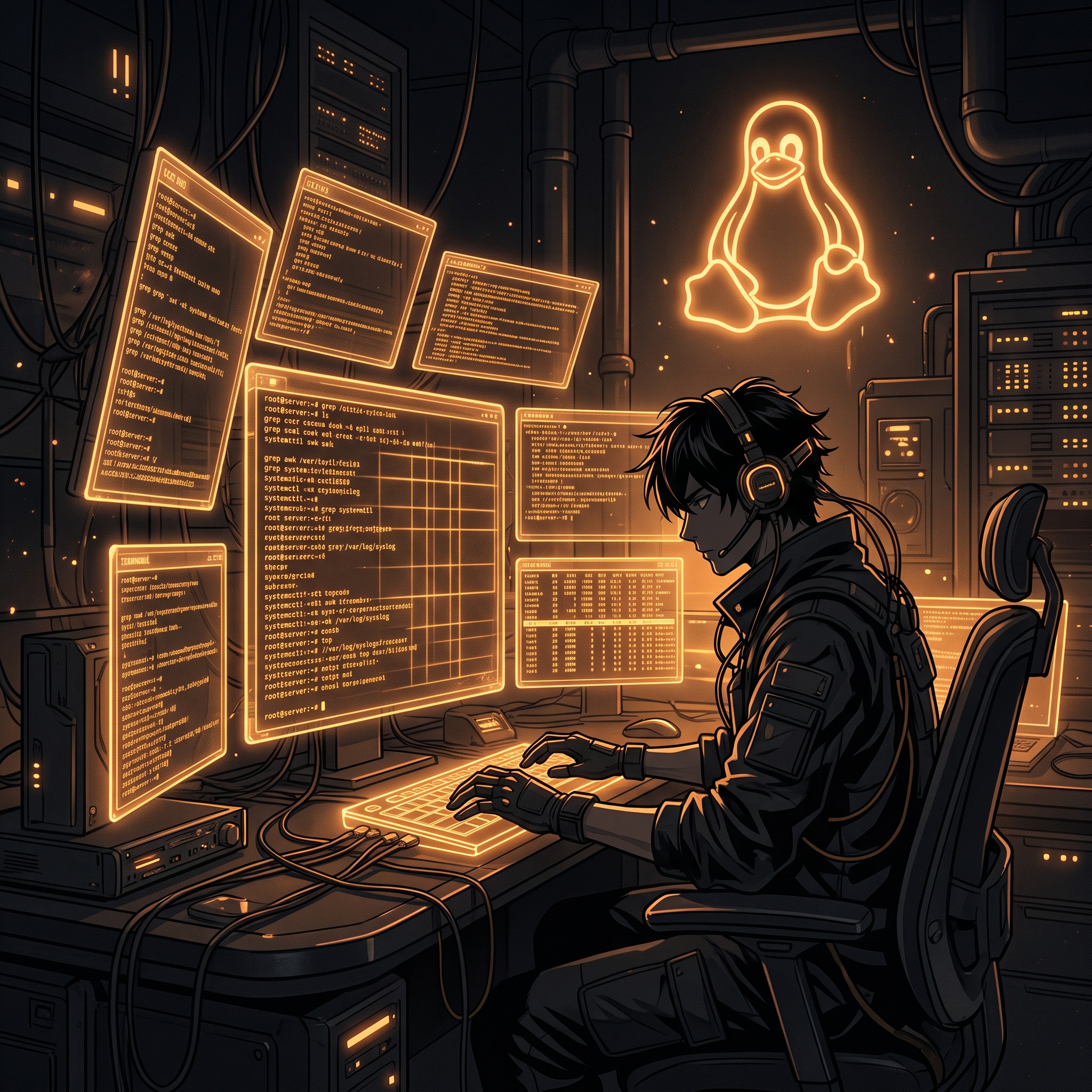 Ilustración de sysadmin Linux, neón ámbar